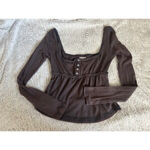 BDG Urban Outfitters Brown Babydoll Henley Long Sleeve Scoop Neck Lace Y2K